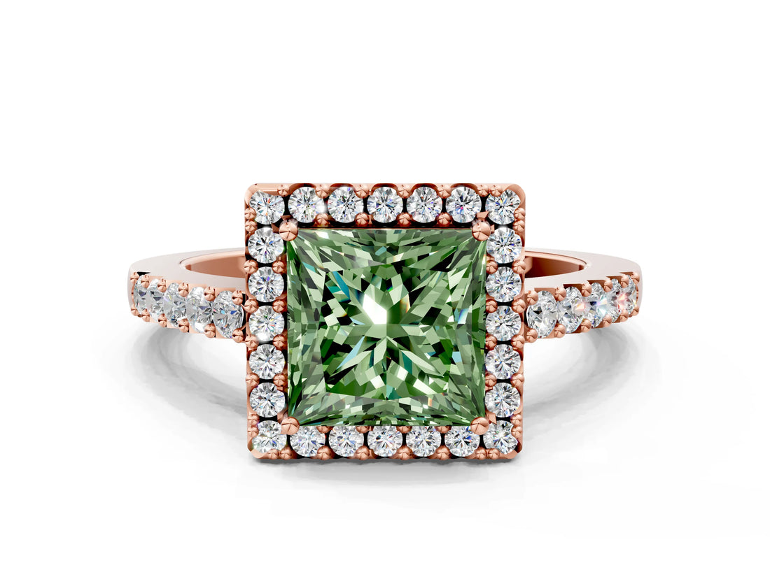 Rose gold Fancy Green Princess  Halo Diamond Pavé Solitaire Ring_33