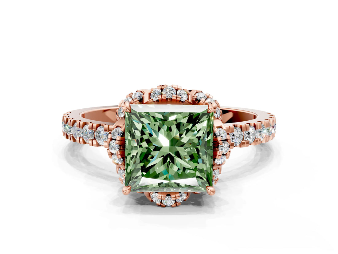 Rose gold Fancy Green Princess  Halo Diamond Pave Band Ring with Four-Prong Setting_15