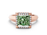 Rose gold Fancy Green Princess  Halo Diamond Ring with Cathedral Band and Four-Prong Setting_29