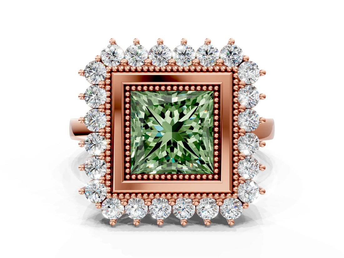 Rose gold Fancy Green Princess  Halo Diamond Ring with Milgrain Edge and Round Prong Setting_24