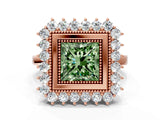 Rose gold Fancy Green Princess  Halo Diamond Ring with Milgrain Edge and Round Prong Setting_24
