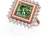 Rose gold Fancy Green Princess  Halo Diamond Ring with Milgrain Edge and Round Prong Setting_25
