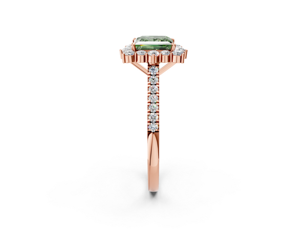 Rose gold Fancy Green Princess  Halo Diamond Ring with Pavé Band and Prong Setting