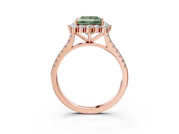 Rose gold Fancy Green Princess  Halo Diamond Ring with Pavé Band and Prong Setting