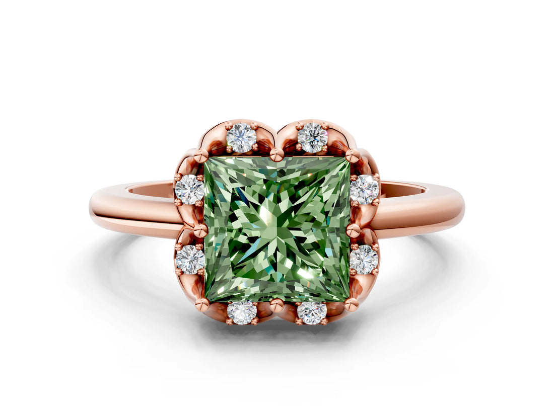 Rose gold Fancy Green Princess  Halo Diamond Ring with Round Cluster Setting, Solitaire Band, and Four-Prong Setting_30
