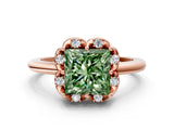 Rose gold Fancy Green Princess  Halo Diamond Ring with Round Cluster Setting, Solitaire Band, and Four-Prong Setting_30