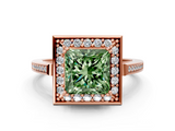 Rose gold Fancy Green Princess  Halo Diamond Ring with Split Shank and Four-Prong Setting