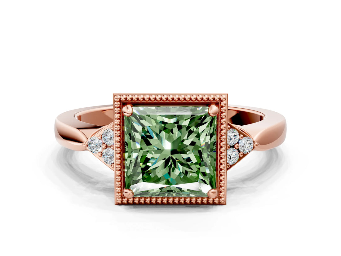 Rose gold Fancy Green Princess  Halo Diamond Ring with Tapered Band and Four-Prong Setting_3