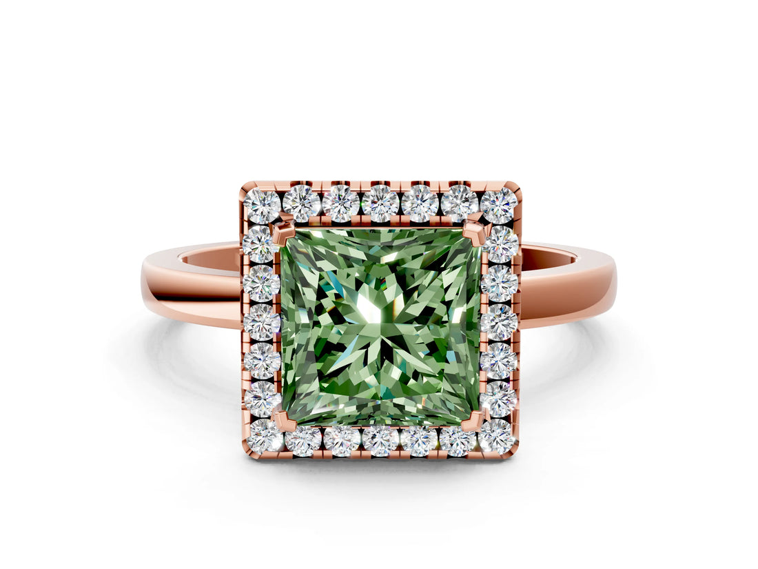 Rose gold Fancy Green Princess  Halo Diamond Solitaire with Pavé Band and Four-Prong Setting_17