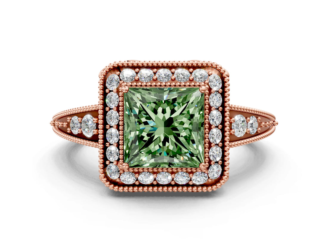Rose gold Fancy Green Princess  Halo Diamond Split Shank Ring with Milgrain Detail_29