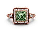 Rose gold Fancy Green Princess  Halo Diamond Split Shank Ring with Milgrain Detail_29