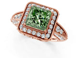 Rose gold Fancy Green Princess  Halo Diamond Split Shank Ring with Milgrain Detail_30