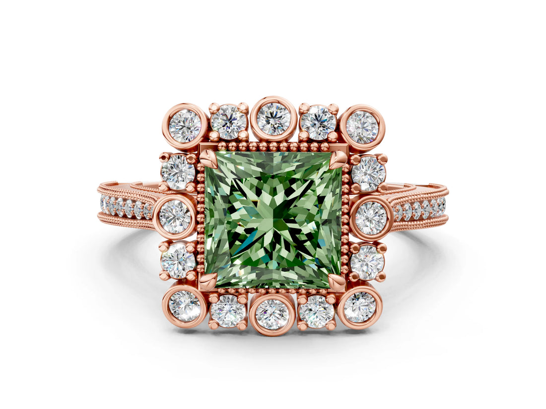 Rose gold Fancy Green Princess  Halo Milgrain Pave Diamond Ring with Four-Prong Setting 1