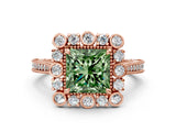 Rose gold Fancy Green Princess  Halo Milgrain Pave Diamond Ring with Four-Prong Setting 1
