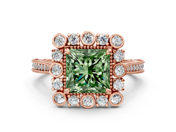 Rose gold Fancy Green Princess  Halo Milgrain Pave Diamond Ring with Four-Prong Setting