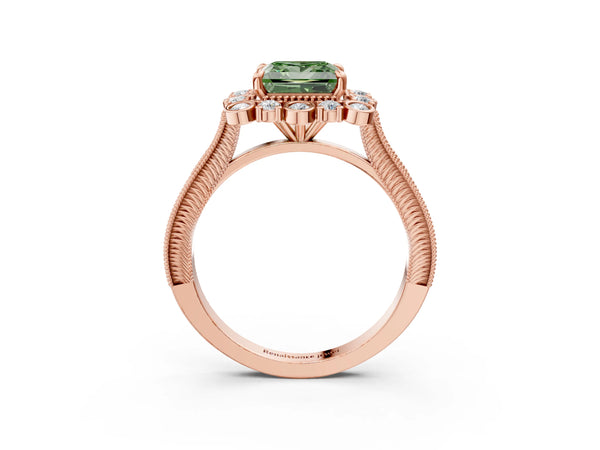 Rose gold Fancy Green Princess  Halo Milgrain Pave Diamond Ring with Four-Prong Setting