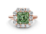 Rose gold Fancy Green Princess  Halo Milgrain Solitaire with Bezel Set Side Stones and Pave Band_72