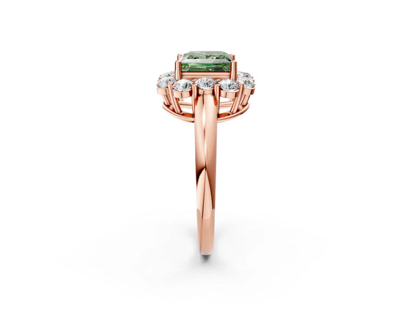 Rose gold Fancy Green Princess  Halo Milgrain Solitaire with Bezel Set Side Stones and Pave Band