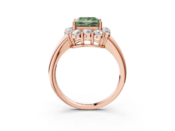 Rose gold Fancy Green Princess  Halo Milgrain Solitaire with Bezel Set Side Stones and Pave Band