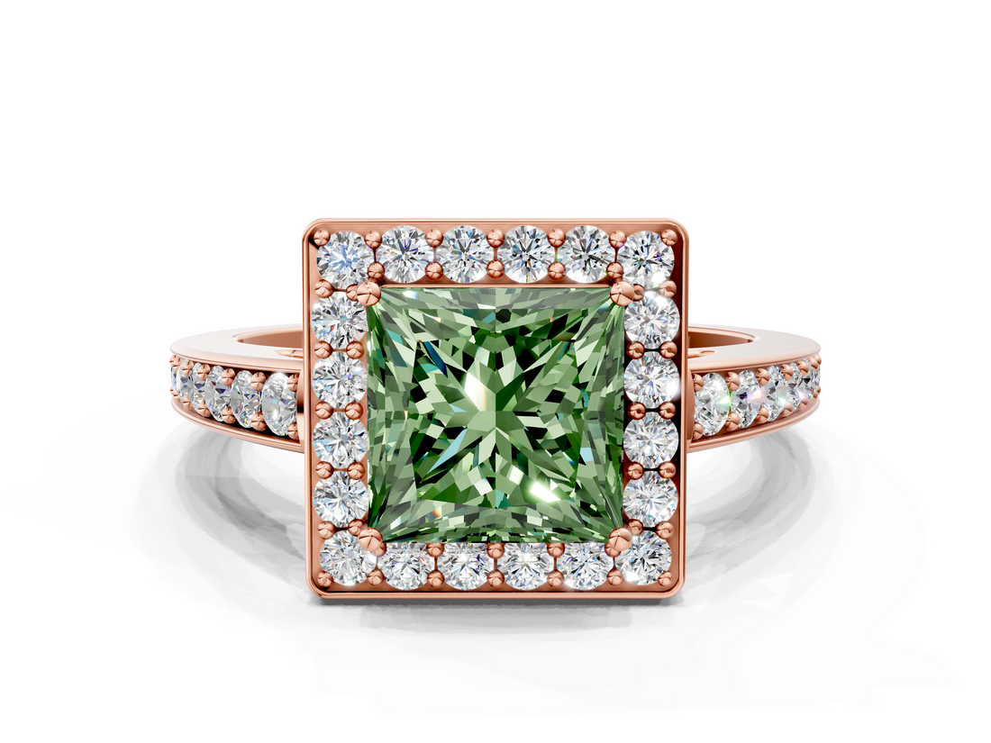 Rose gold Fancy Green Princess  Halo Pavé Diamond Engagement Ring with Bezel Setting