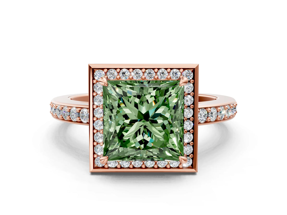 Rose gold Fancy Green Princess  Halo Pave Band Solitaire Ring with Prong Setting_28