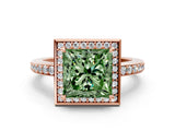 Rose gold Fancy Green Princess  Halo Pave Band Solitaire Ring with Prong Setting_28