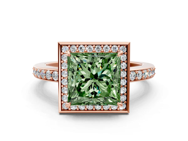 Rose gold Fancy Green Princess  Halo Pave Band Solitaire Ring with Prong Setting