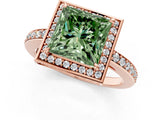 Rose gold Fancy Green Princess  Halo Pave Band Solitaire Ring with Prong Setting_29