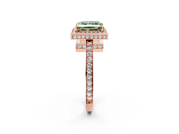 Rose gold Fancy Green Princess  Halo Pave Band Solitaire Ring with Prong Setting