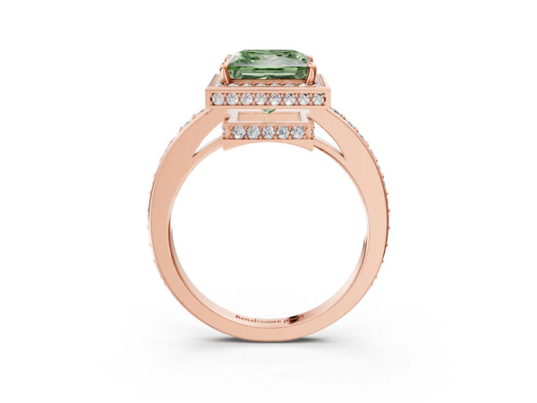 Rose gold Fancy Green Princess  Halo Pave Band Solitaire Ring with Prong Setting