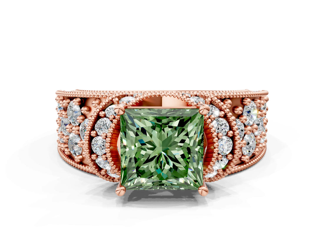 Rose gold Fancy Green Princess  Halo Pave Diamond Engagement Ring with Milgrain Detailing_29