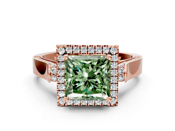 Rose gold Fancy Green Princess  Halo Pave Split Shank Prong Setting Ring