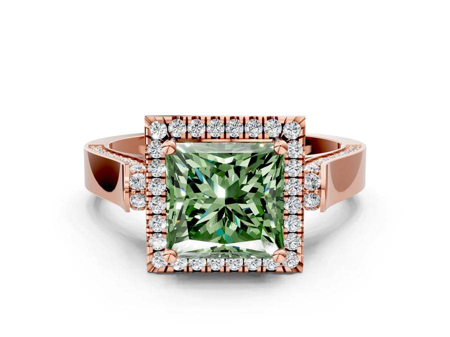 Rose gold Fancy Green Princess  Halo Pave Split Shank Prong Setting Ring