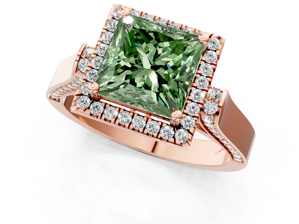 Rose gold Fancy Green Princess  Halo Pave Split Shank Prong Setting Ring