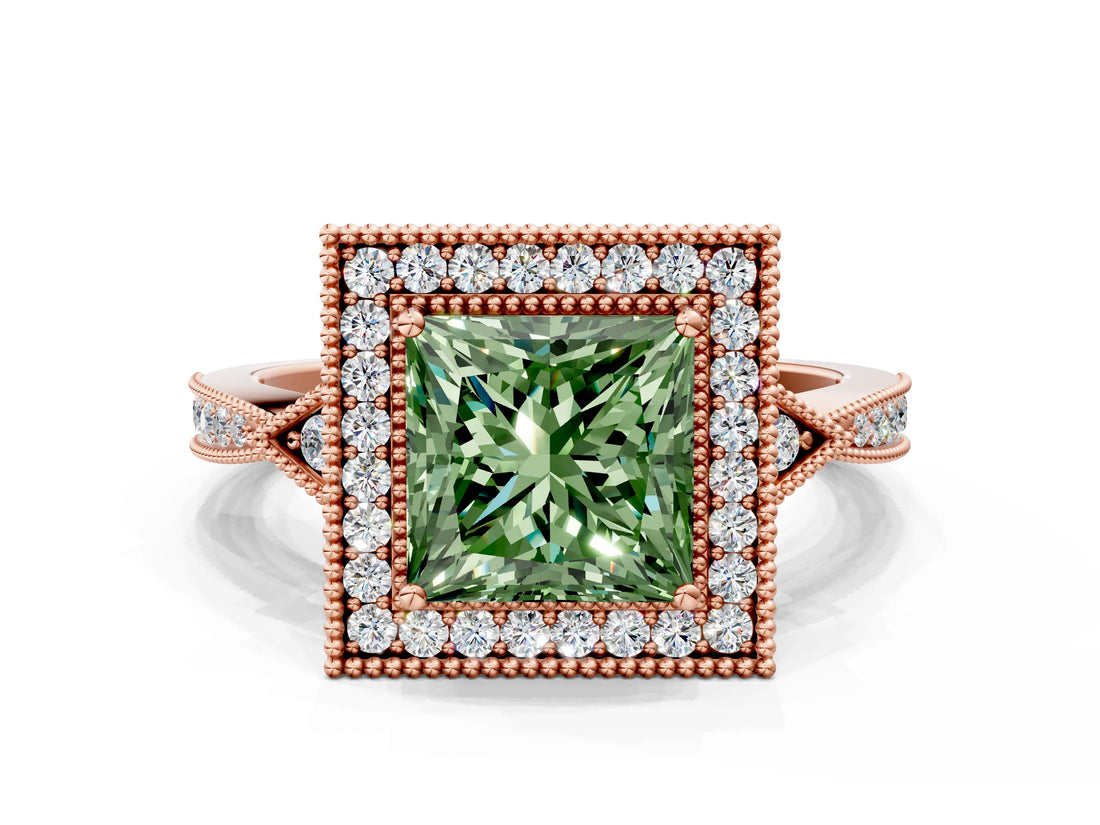 Rose gold Fancy Green Princess  Halo Round Diamond Milgrain Pave Engagement Ring_3
