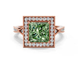 Rose gold Fancy Green Princess  Halo Round Diamond Milgrain Pave Engagement Ring_3