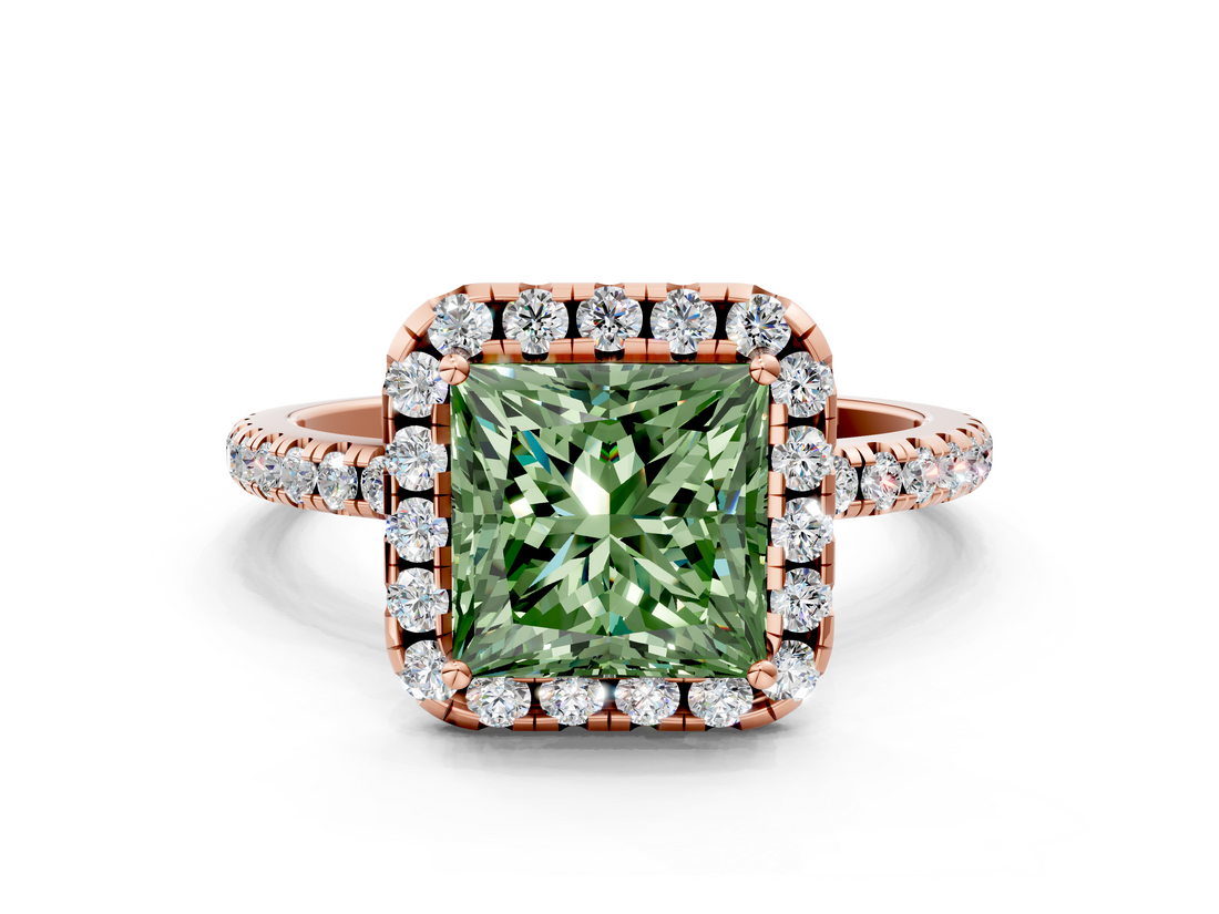 Rose gold Fancy Green Princess  Halo Round Diamond Pavé Band Four-Prong Ring_3