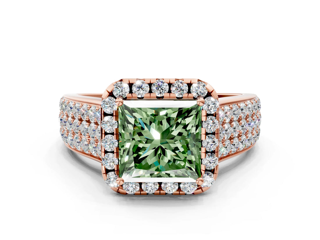 Rose gold Fancy Green Princess  Halo Round Diamond Pave Band with Prong Setting