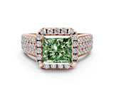 Rose gold Fancy Green Princess  Halo Round Diamond Pave Band with Prong Setting
