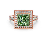 Rose gold Fancy Green Princess  Halo Solitaire Diamond Ring with Pave Band and Bezel Setting_30