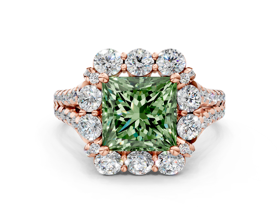 Rose gold Fancy Green Princess  Halo Split Shank Diamond Engagement Ring with Pave Band and Four-Prong Setting