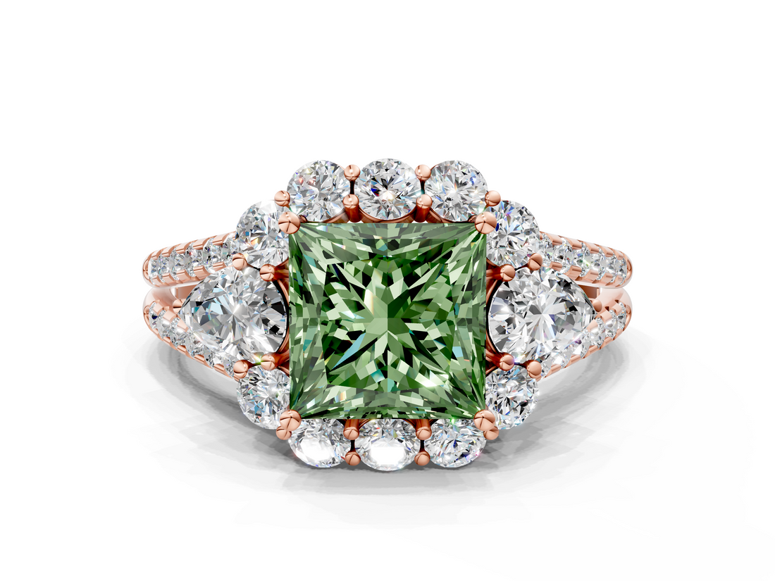 Rose gold Fancy Green Princess  Halo Split Shank Diamond Engagement Ring with Prong Setting