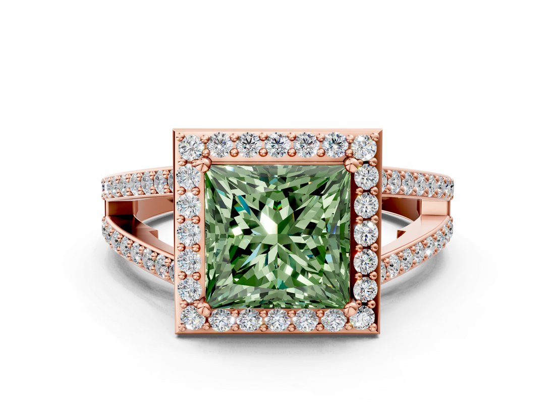 Rose gold Fancy Green Princess  Halo Split Shank Diamond Ring with Four-Prong Setting