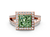Rose gold Fancy Green Princess  Halo Split Shank Diamond Ring with Four-Prong Setting