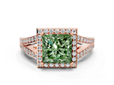 Rose gold Fancy Green Princess  Halo Split Shank Diamond Ring with Prong Setting