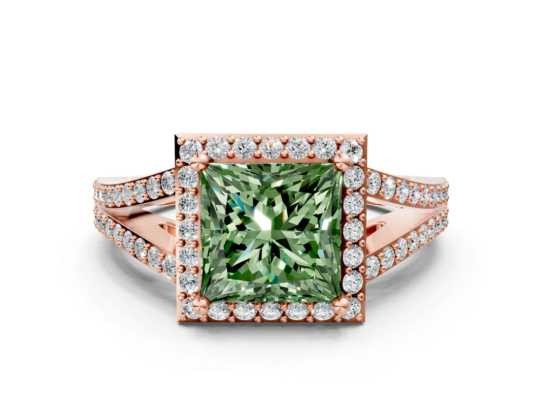 Rose gold Fancy Green Princess  Halo Split Shank Pave Diamond Ring with Four-Prong Setting_29