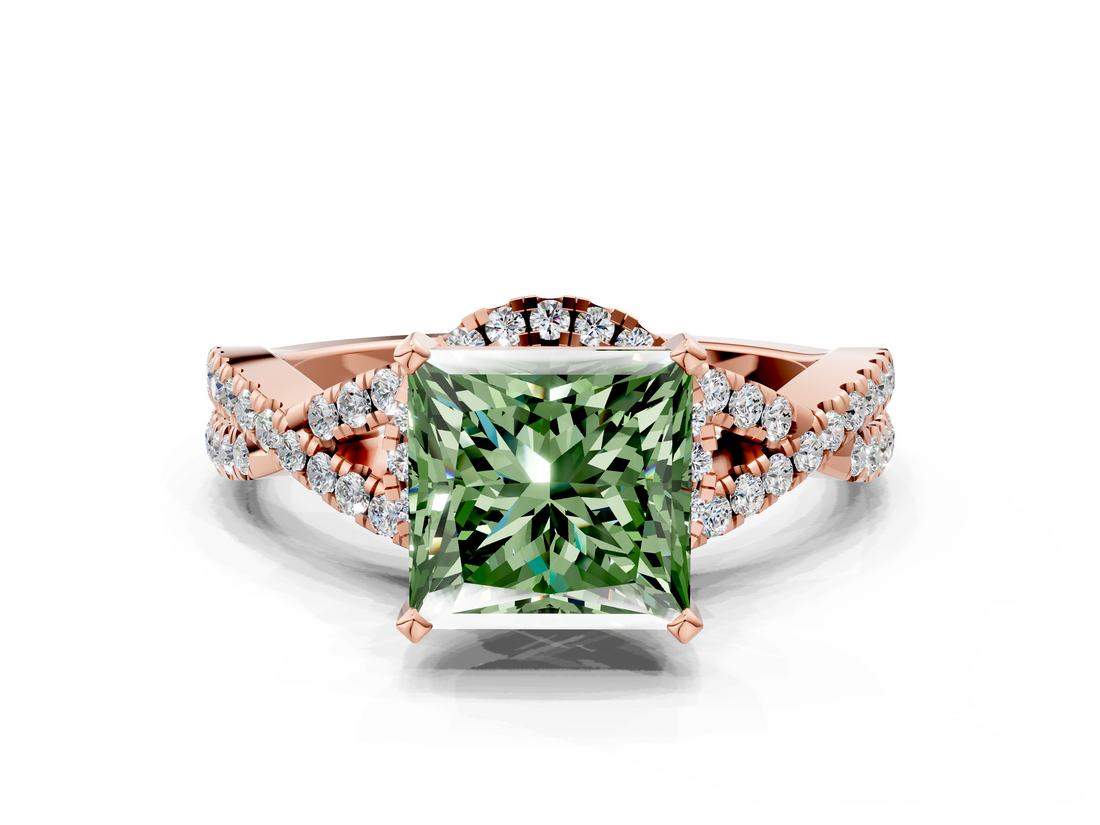 Rose gold Fancy Green Princess  Halo Twist Band Solitaire Prong Setting Ring