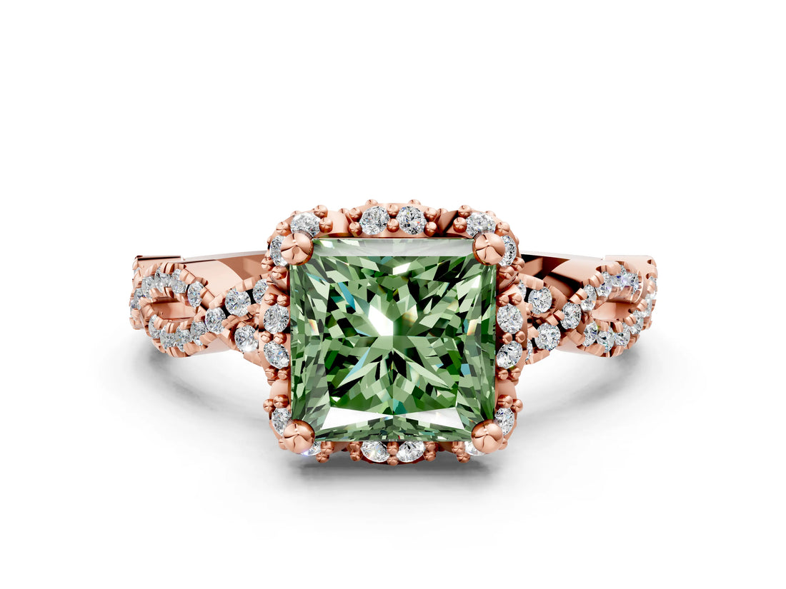 Rose gold Fancy Green Princess  Halo Twist Band Solitaire Ring with Six-Prong Setting_45