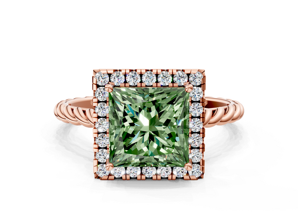 Rose gold Fancy Green Princess  Halo Twisted Band Four-Prong Diamond Ring