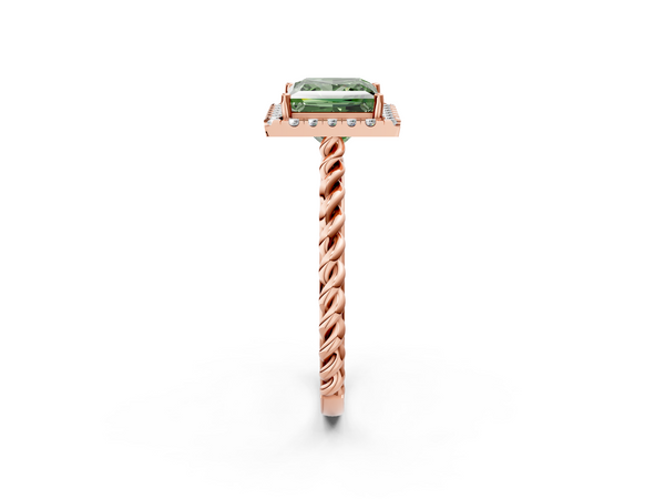 Rose gold Fancy Green Princess  Halo Twisted Band Four-Prong Diamond Ring